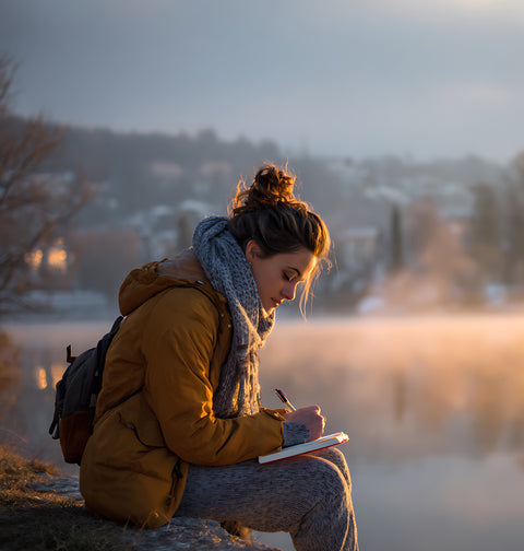 Woman reflection journaling on a hike
